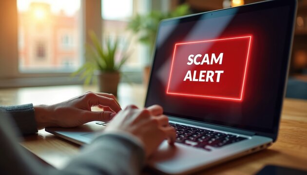 Laptop displays scam alert warning. Person types on keyboard unaware of online danger. Cyber security threat on screen. Digital fraud prevention concept. Internet risk.