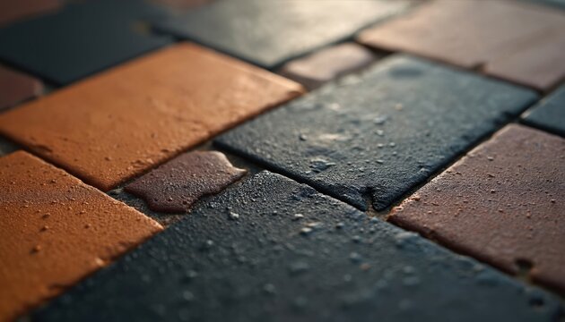 Close up of a textured stone tile arrangement. Rectangular shapes in brown, black, and ochre form a geometric pattern. Outdoor paving surface detail with shallow focus.