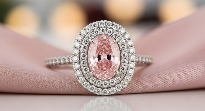 Stunning oval pink diamond engagement ring with sparkling halo setting, a symbol of enduring love and luxury.