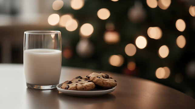 A glass of milk and chocolate chip cookies on a plate sit on a wooden table, Christmas lights glow softly in the background, casting a warm and cozy ambiance.