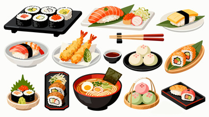 apanese cuisine, sushi, eel rice, ramen, seaweed rice, fried shrimp, kebabs, salmon, caviar, etc., with cartoon hand-drawn vector illustrations