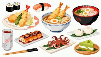 apanese cuisine, sushi, eel rice, ramen, seaweed rice, fried shrimp, kebabs, salmon, caviar, etc., with cartoon hand-drawn vector illustrations