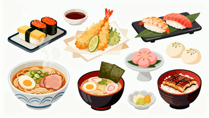 apanese cuisine, sushi, eel rice, ramen, seaweed rice, fried shrimp, kebabs, salmon, caviar, etc., with cartoon hand-drawn vector illustrations