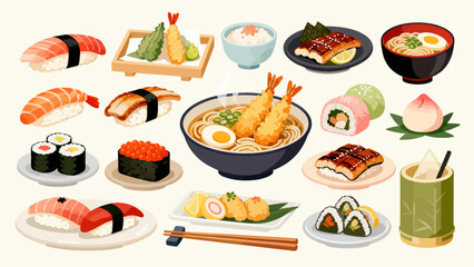 apanese cuisine, sushi, eel rice, ramen, seaweed rice, fried shrimp, kebabs, salmon, caviar, etc., with cartoon hand-drawn vector illustrations