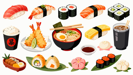 apanese cuisine, sushi, eel rice, ramen, seaweed rice, fried shrimp, kebabs, salmon, caviar, etc., with cartoon hand-drawn vector illustrations