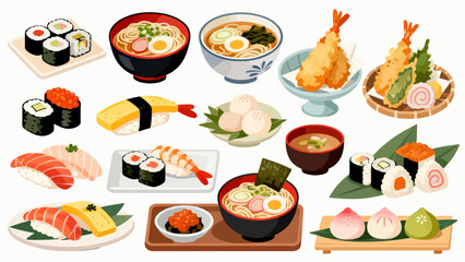 apanese cuisine, sushi, eel rice, ramen, seaweed rice, fried shrimp, kebabs, salmon, caviar, etc., with cartoon hand-drawn vector illustrations