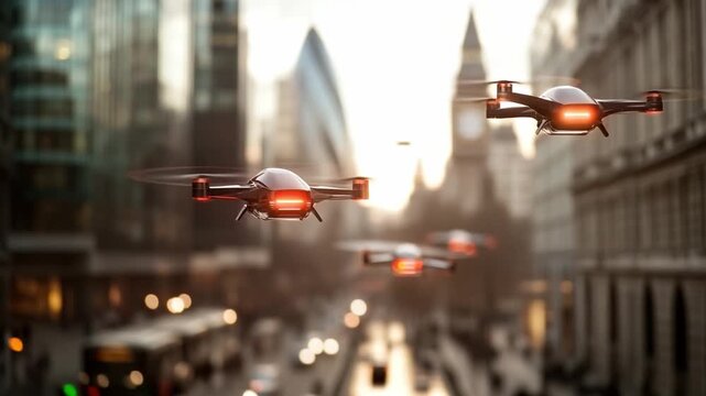 Drone Delivery in Urban Landscape: The future of transportation takes flight as a squadron of drones navigates a bustling cityscape, ushering in an era of efficient and innovative delivery systems. 