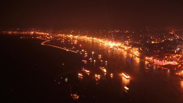 Dev Deepawali Banaras Aerial Drone View Showing Glowing Ghats, Boats, and the Holy Ganga at Night