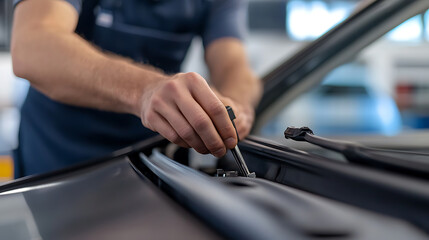 Naklejka premium Auto repair: mechanic fixing a car's windshield wiper with precision in a garage setting. Focused on maintenance, expertise, and vehicle care for smooth operation.