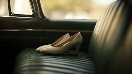 Elegant heels resting on a classic car seat, bathed in soft light. A moment of pause, hinting at journeys and destinations unknown. Nostalgic beauty.