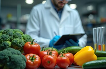 Scientist studies fresh vegetables in a lab. Broccoli tomatoes cucumber and peppers are on table. Lab worker writing results of analysis. Food science experiment in progress.