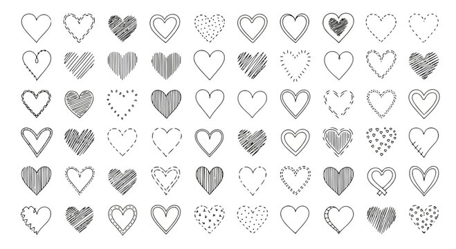 Collection of diverse hand drawn heart shapes in black and white featuring various styles like solid lines dashed outlines hatching and dotted patterns