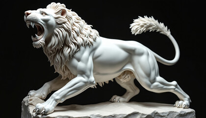 White marble statue of roaring lion, posed dynamically on stone. This sculpture depicts a powerful mythical creature with intricate mane and sharp claws, ideal for historical or fantasy themes.