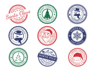 Set of round postal seals with Santa Claus stamps. North Pole post office. Snowman and Christmas tree, snowflake and Santa's face. New Year and Christmas design. Vector illustration.