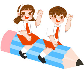 Indonesian Elementary School Student riding pencil