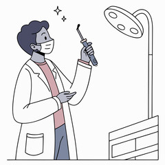 Smiling Doctor in Mask & Gloves Holding Syringe Under Surgical Light, Ready for Procedure - Cheerful Medical Professional EPS10 Vector Illustration