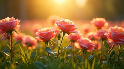 Obraz premium Coral roses blooming in golden sunlight garden golden hour