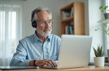 Elderly man with headphones uses laptop for online meeting. He works indoors at a desk with a tablet. Gray haired person types on computer, communicating via audio call.