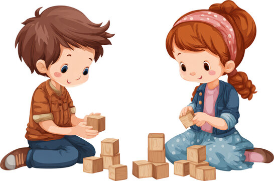 Happy cute boy and girl playing together with wooden toy block