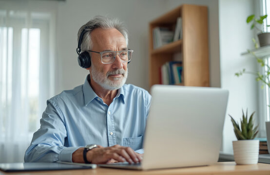 Elderly man with headphones uses laptop for online meeting. He works indoors at a desk with a tablet. Gray haired person types on computer, communicating via audio call.