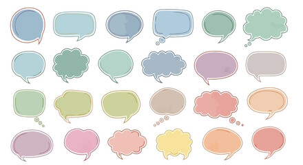 Collection of diverse hand drawn speech bubbles and thought clouds in various pastel colors