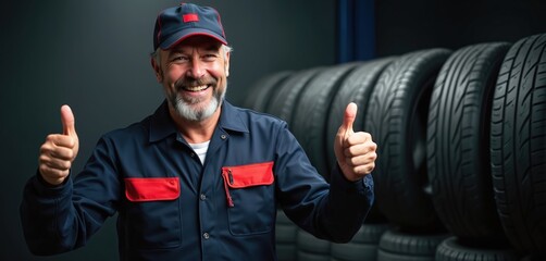 Happy senior mechanic shows thumbs up in auto service. Cheerful bearded man in uniform smiles at tire shop. Worker stands near new car wheels in garage, happy with good work. Professional car master