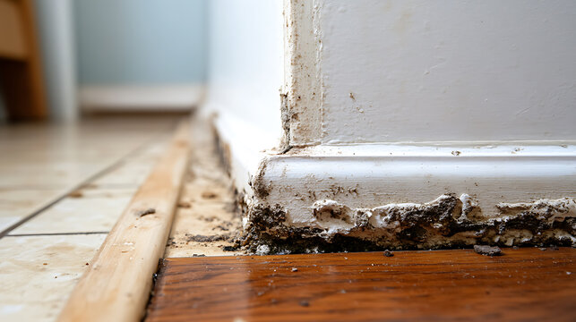 Close-up of the lower part of a wall with visible damage and degradation, showing the effects of moisture and mold on the baseboards. The image captures deterioration detail.