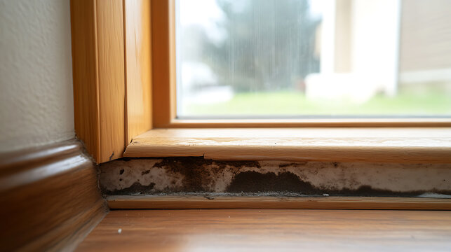 Close-up of window frame with visible mold and water damage on the inside. The wood is decaying, indicating moisture infiltration and structural compromise in the property.