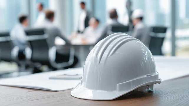 Construction Planning Meeting: A close-up shot of a hard hat and blueprints on a table with a construction planning meeting in the blurred background. Capturing the essence of construction projects.