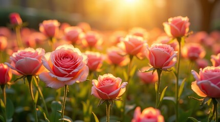 Obraz premium Delicate pink roses bathed in warm golden sunlight rose garden golden hour