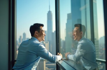 Obraz premium Asian businessman gazes through office window at cityscape. Smiling man in blue shirt enjoys city view. Happy executive reflects in glass looking outside. Urban business concept.