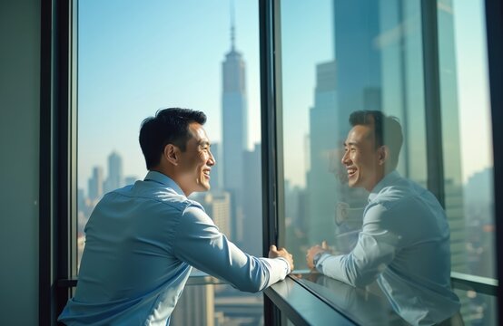 Asian businessman gazes through office window at cityscape. Smiling man in blue shirt enjoys city view. Happy executive reflects in glass looking outside. Urban business concept.