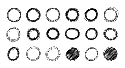 Collection of hand drawn sketchy circles and ovals with varying line thickness and density on a white background