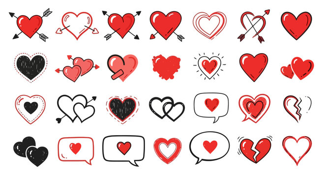 Collection of hand drawn heart icons in red and black for valentine s day and love themes