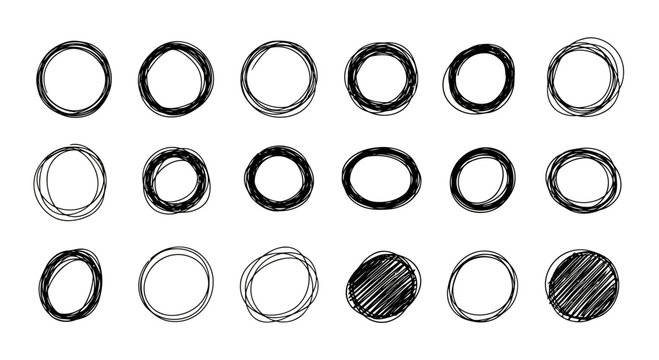 Collection of hand drawn sketchy circles and ovals with varying line thickness and density on a white background