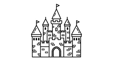 Fototapeta premium Classic fantasy fairytale castle line art illustration with multiple towers, turrets, and flags, depicting an ancient fortress icon on a white backdrop.