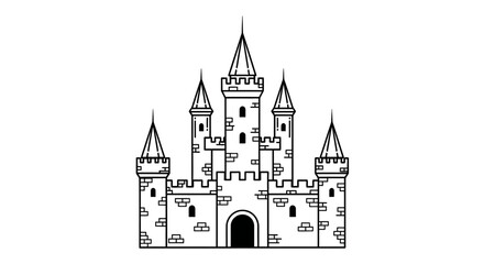 Stylized line art of a medieval castle with multiple spires, tall towers, fortified walls, and an arched gate, evoking fantasy, royalty, and historical themes. © ARSM D
