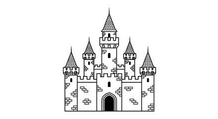 Obraz premium A simple line art illustration of a majestic fairytale castle with multiple turrets, battlements, and a grand arched entrance, presented on a clean background.