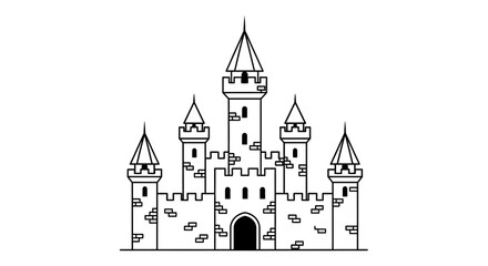 Minimalist black and white line art illustration of a medieval fantasy castle with multiple towers, battlements, and an arched entrance, perfect for design projects. © ARSM D