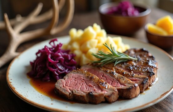Medium rare grilled venison fillet served with stewed red cabbage and boiled potatoes. A sprig of rosemary garnishes this hearty game meat dish. Antlers in background suggest wild origin.