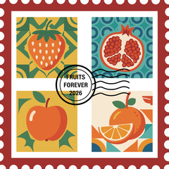 Vintage fruit illustration, flat design icons, simple retro strawberry, apple, orange, pomegranate symbols.
