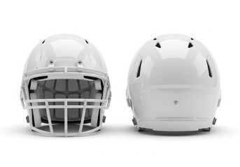 Fototapeta premium Two white american football helmets facing opposite directions