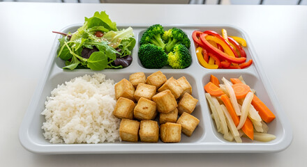 Vegan meal tray with rice, tofu, vegetables, and salad 