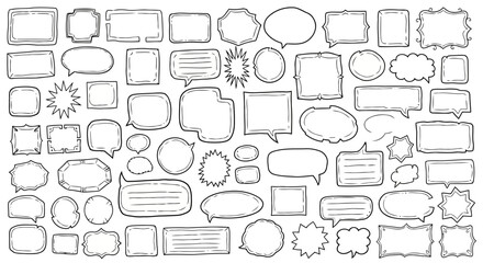 Collection of hand drawn speech bubbles and comic book style frames with various shapes and designs on a white background
