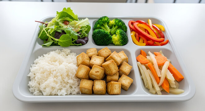Vegan meal tray with rice, tofu, vegetables, and salad  