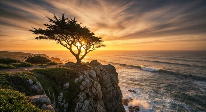 Scenic view of a lone tree on cliff during sunset by the ocean  