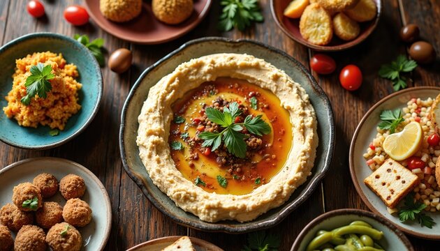Top view various mezze dishes served on wooden table. Middle Eastern cuisine includes hummus, falafel, salads. Appetizing plates showcase flavorful appetizers for sharing, enjoying together. Healthy