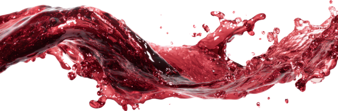 Dynamic red liquid splash and flow from drink isolated on black