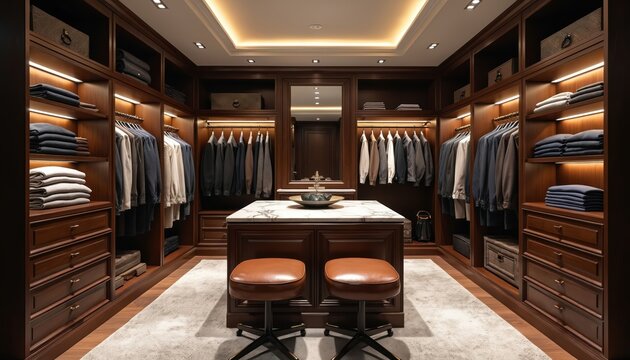 Luxurious walk-in closet with custom wood shelving and island. Organized clothes hang neatly on racks. Stacks of folded garments sit on shelves. Two brown leather stools face marble countertop. - Powered by Adobe