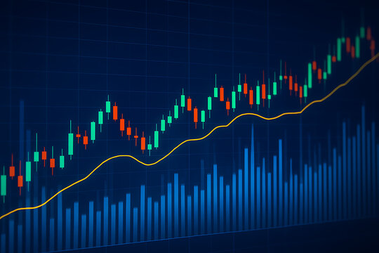 A vibrant blue stock market display featuring candlestick charts and a smooth moving average line indicating strong positive trading momentum